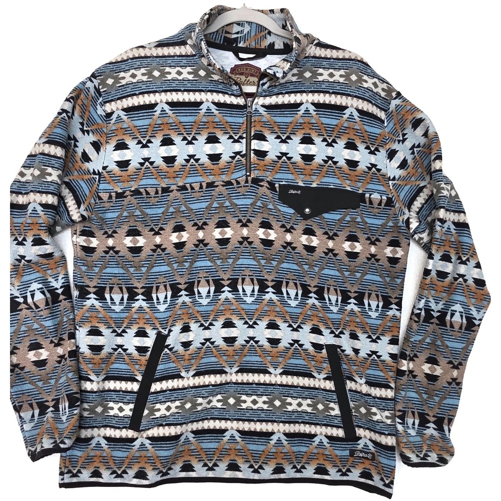 Rafter C Sweater Mens Medium Blue Aztec Quarter Zip Mock Neck Pockets Western